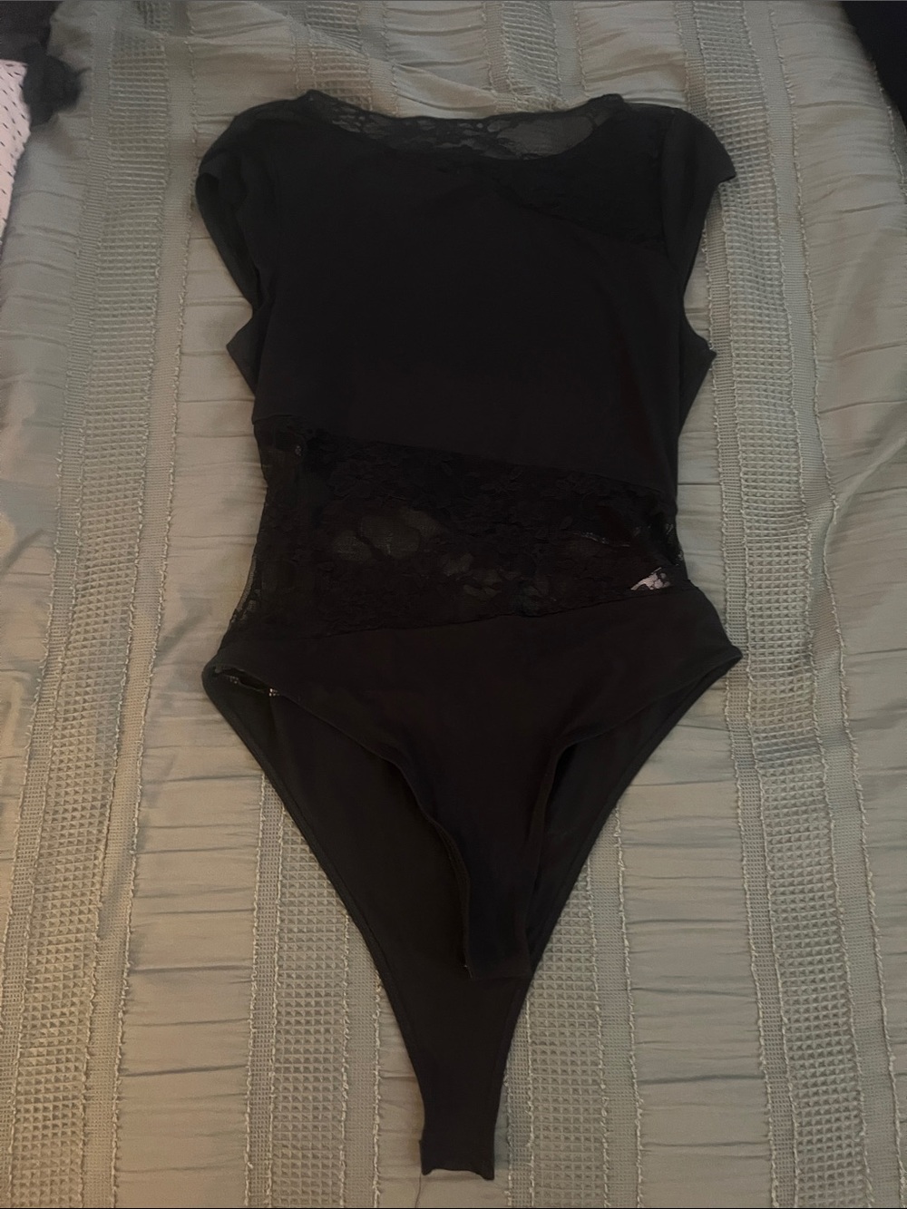 Amazon Black Lace-Panel Short Sleeve Bodysuit